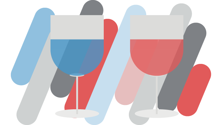 Illustration of wine glasses with coloured contents